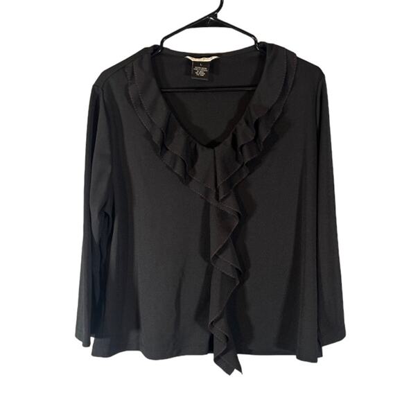 Studio JPR Black Ruffled Layered Front Long Sleeve V-Neck Blouse Women Sz L - Picture 1 of 6